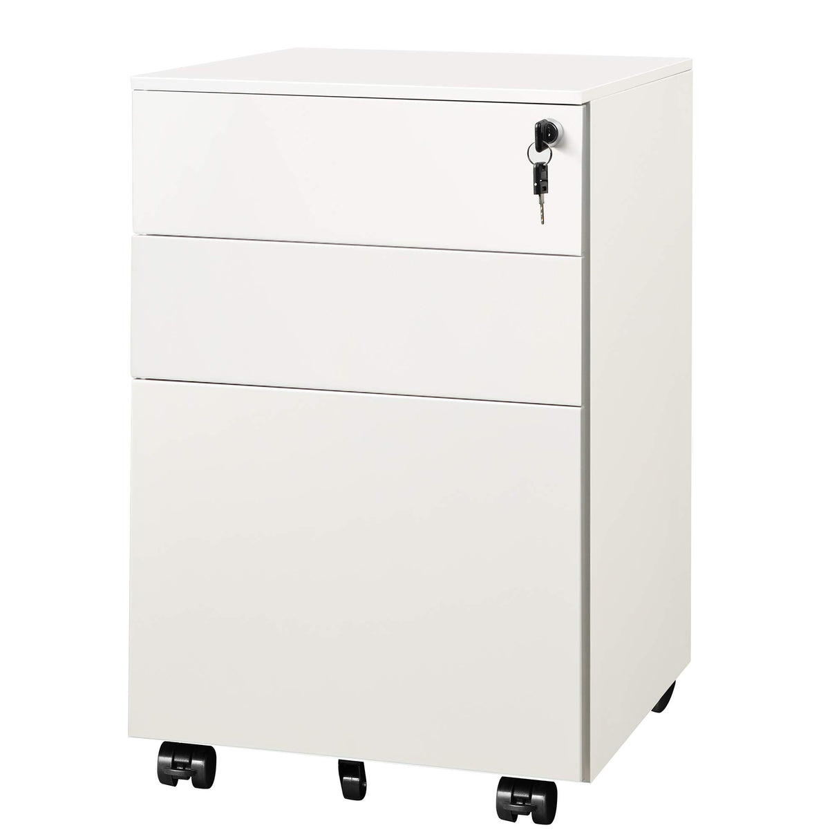 DEVAISE Locking File Cabinet, 3 Drawer Rolling Pedestal Under Desk Office, Fully Assembled Except Casters, White DEVAISE