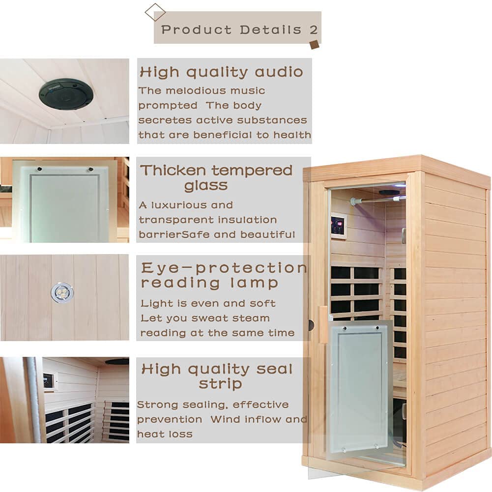 Xmatch Far Infrared Wooden Sauna Room, 1-Person Size, with 1350W, 8 Low EMF Heaters, 10 Minutes Pre-Warm up, Time and Temp Pre-Set, 2 Bluetooth Xmatch