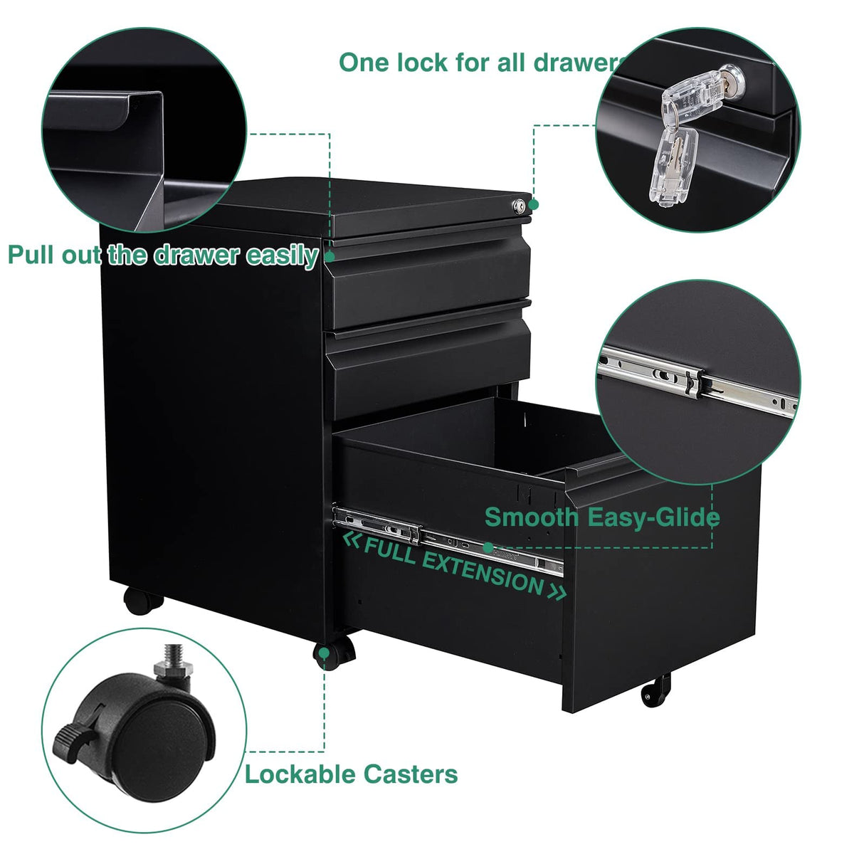SISESOL 3 Drawer File Cabinet with Lock, Under Desk Metal Filing Cabinet for Home Office,Lockable Rolling File Cabinet with 2 Keys for SISESOL