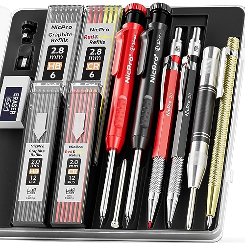 Nicpro 15 Pack Carpenter Pencil Set with Sharpener, Mechanical Carpenter Pencils with 40 Refill, Automatic Center Puncha and Carbide Scribe Tool, Nicpro
