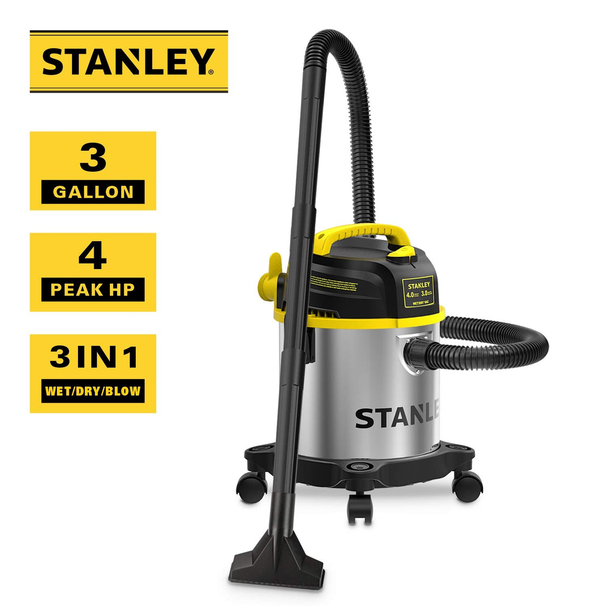 Stanley SL18136 Wet Dry Vacuum, 3 Gallon, 4.0 HP, Stainless Steel Stanley
