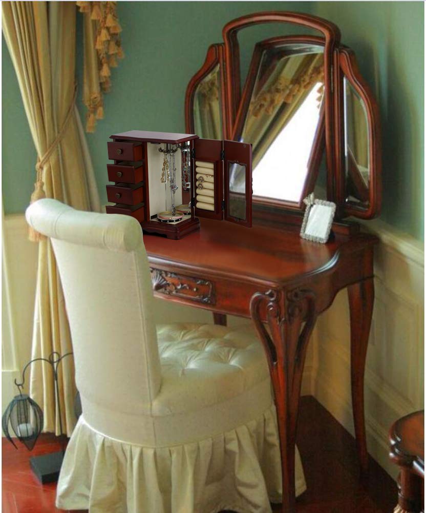 RR ROUND RICH DESIGN Solid Wooden Jewelry Box Makeup and Organizer Women Ring Storage with 4-Drawers Built-in Necklace Carousel and Mirror Brown RR ROUND RICH DESIGN