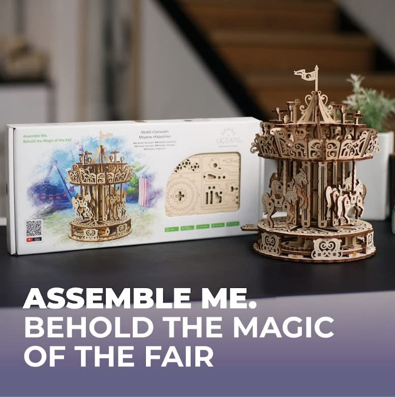 UGEARS Carousel Wooden Mechanical 3D Model Self-Assembling Craft DIY Kit Adult and Teens Puzzle Gift UGEARS