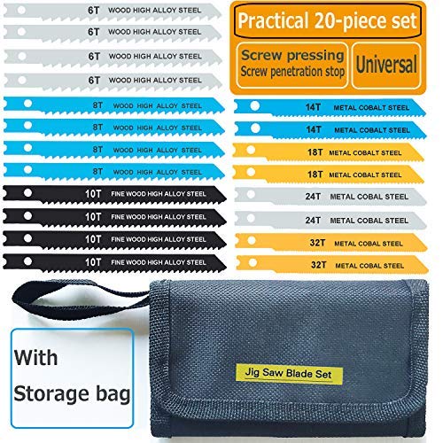 20-Piece Universal Jig Saw Blade Set for Wood,Plastic and Metal Cutting with Tool Bag Universal Design fits All Name Brand and Import jig saws Autsmal