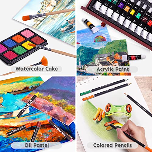 175 Piece Deluxe Art Set with 2 Drawing Pads, Acrylic Paints, Crayons, Colored Pencils Set in Wooden Case, Professional Art Kit, for Adults, Teens Color More