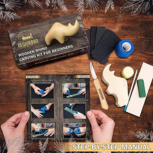 Wood Carving Kit for Beginners - Whittling kit with Rhino - Linden Woodworking Kit for Kids, Adults - Wood Carving Stainless Steel Knife with Wooden NEWURBAN