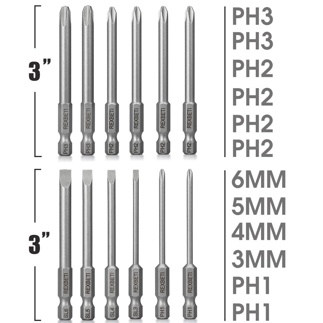 REXBETI 12 Piece Slotted Phillips Screwdriver Bit Set, 1/4 Inch Hex Shank S2 Steel Magnetic 3 Inch Long Drill Bits (Slotted Set) REXBETI