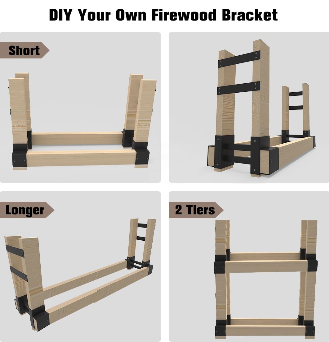 Fiwithy Outdoor Firewood Rack Bracket Kit with 4 Support Bars for Fire Wood Pile Storage, Heavy Duty DIY Fireplace Log Stacking Stand Holder for 2x4 Fiwithy