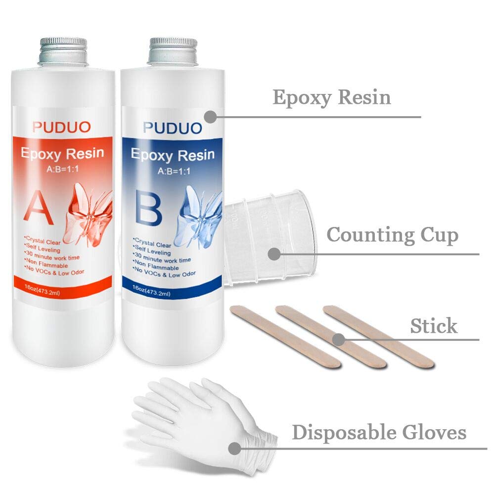 32 OZ Epoxy Resin Clear for Resin Molds, Resin Epoxy Starter Kit, 2 Part Resin for for Jewelry- Including Resin and Hardener (Each 16OZ) with 4 pcs PUDUO