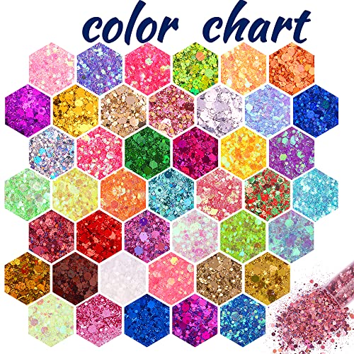 Holographic Chunky and Fine Glitter Mix, 45 Colors Festival Sequins & Glitter Powder, Iridescent Glitter Flakes, Cosmetic Face Body Eye Hair Nail Art Linwulte