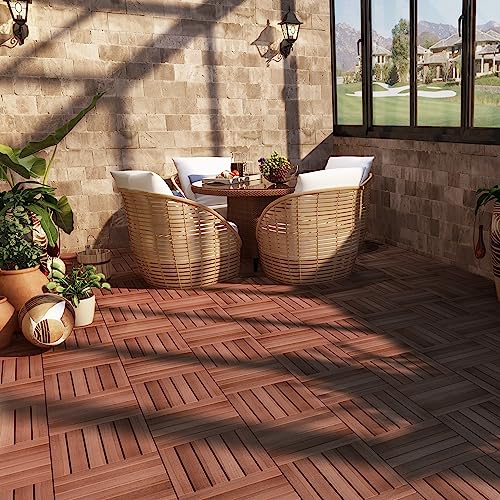 PrimeZone 54 PCS Solid Acacia Wood Interlocking Patio Deck Tiles - 12" x 12" Indoor Outdoor Waterproof Flooring Tiles for Balcony, Backyard, Garden & PrimeZone