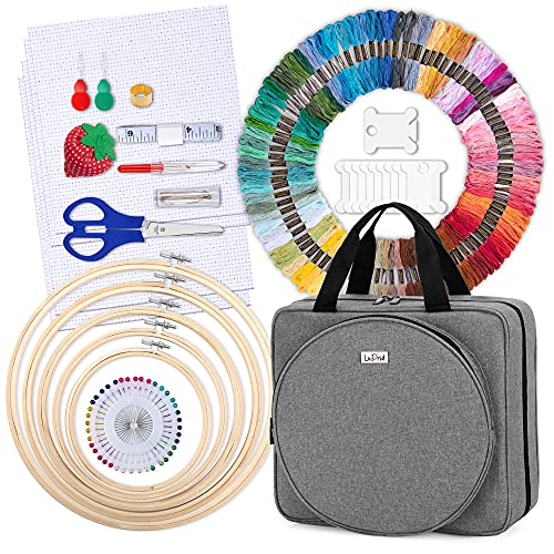 LoDrid Embroidery Kit, Embroidery Project Bag with Embroidery Kit, Portable Craft Carry Case with Starter Kit, Embroidery Supplies Storage Bag and LoDrid