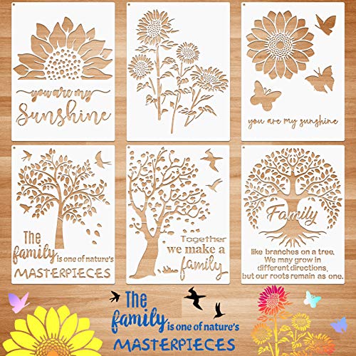 6 Pieces Sunflower Stencil Kit, Reusable Family Tree Stencil Flower Butterfly Painting Templates You are My Sunshine Stencil with Metal Open Ring for Zonon