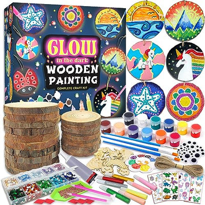 klmars Kids Wooden Painting Kit-Glow in The Dark-Arts & Crafts Gifts for Boys Girls Ages 5-12-Wood Slice Craft Activities Kits - Creative Art Toys