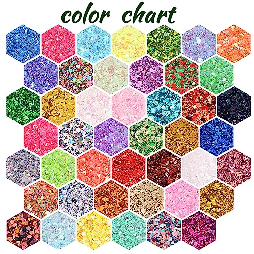 Holographic Chunky and Fine Glitter Mix, 45 Colors Craft Glitter for Epoxy Resin Arts, Iridescent Nail Glitter, Cosmetic Eye Hair Face Body Glitter, Linwulte