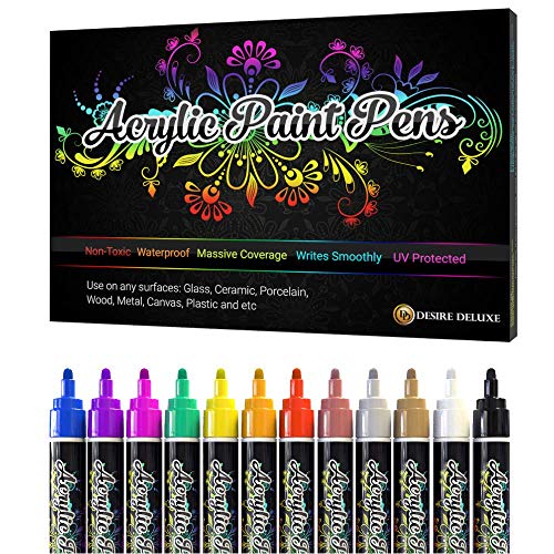 Desire Deluxe Acrylic Paint Pens for Rock Painting, Stone, Ceramic, Glass, Wood, Canvas – Set of 12 Non Toxic Water Based Markers - Great Artists Desire Deluxe