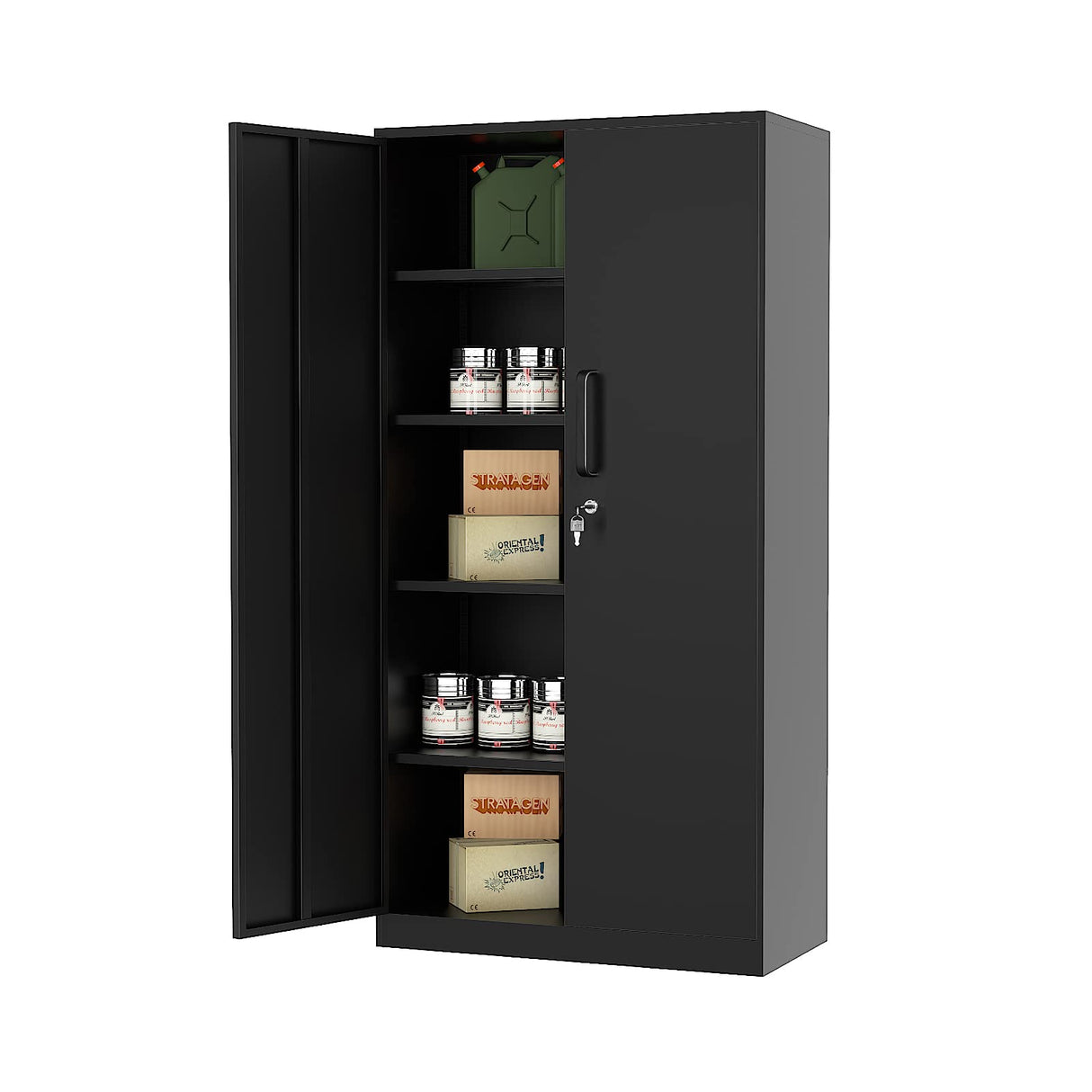 MIIIKO Black Garage Storage Cabinet with Doors and 5 Shelves, 72" Tall Steel Cabinet Tool Storage, Lockable Metal Utility Cabinet for Garage, Office, MIIIKO
