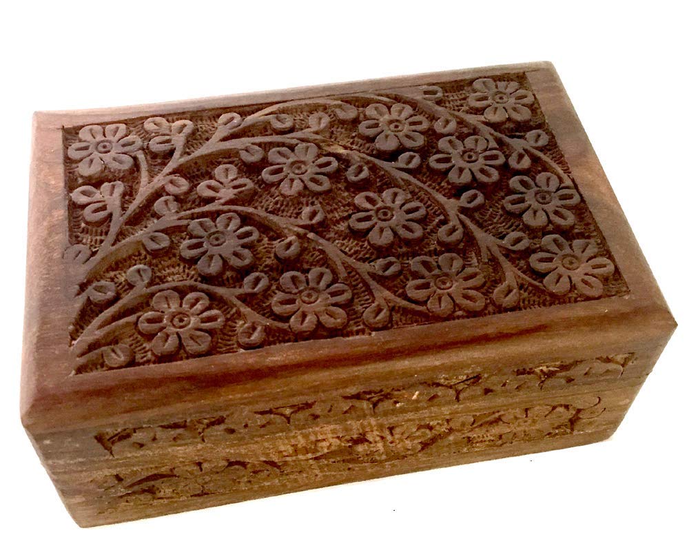 New Age Imports, Inc. GIFT IDEAS~ Floral Carved Handmade Wooden Box 4 inches by 6 inches~Ideal for storing Jewelry, Coins, Tartot cards, Small New Age Imports, Inc.