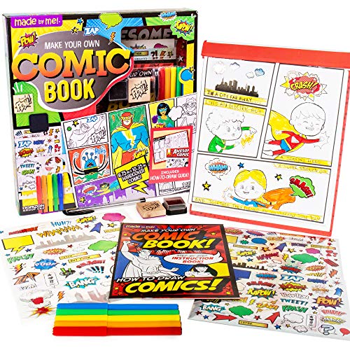 Made By Me Make Your Own Comic Book Storytelling Kit for Kids, 15-Page, Hardcover, How-to Draw Instructional Guide, Comic Inspired Stickers & Stamp, Made By Me