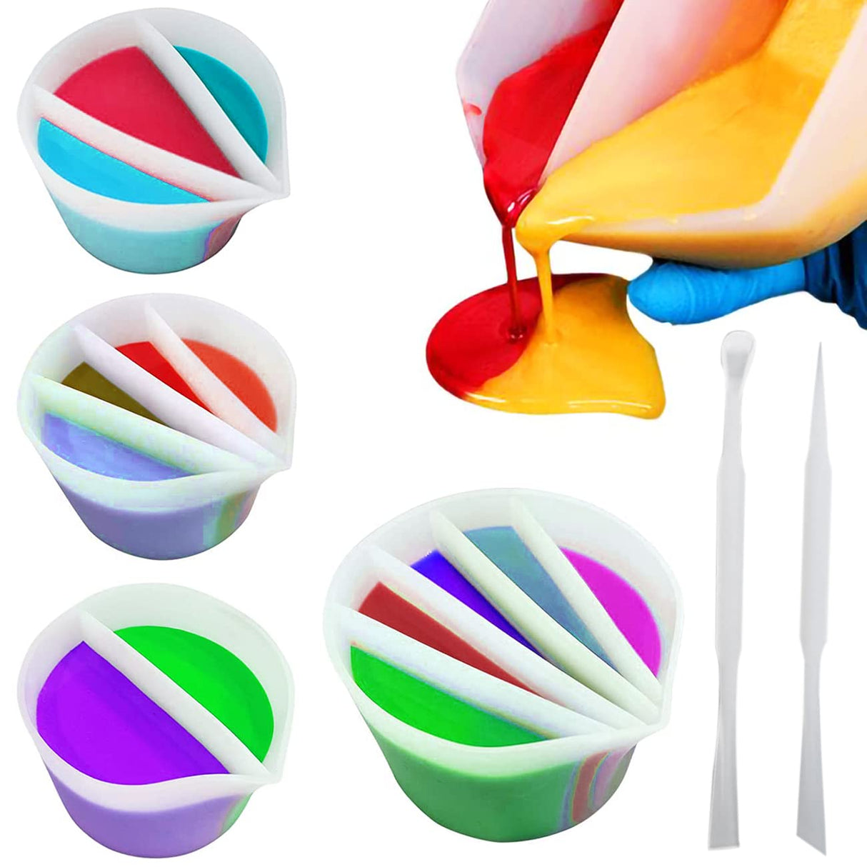 4 Pack Split Cups for Paint Pouring + 2 Pcs Stir Stick, Silicone Paint Pour Cup Resin with 2-5 Channels Dividers Pouring Painting Tools for DIY IOUALEY