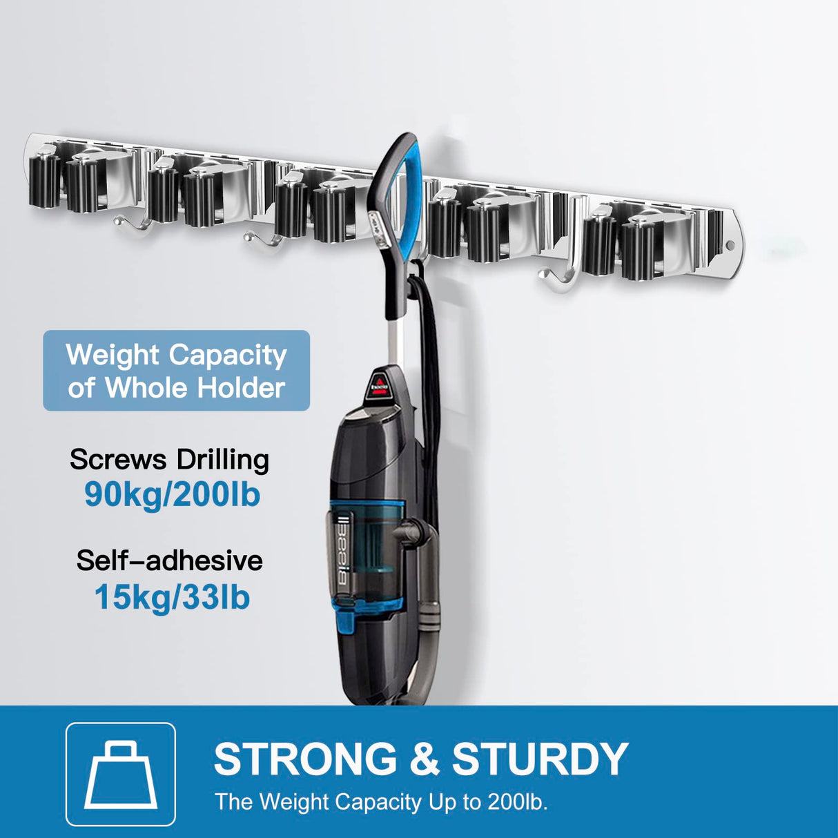 IMILLET 2 Pack Wall Mount Broom Holder Stainless Steel 5 Racks with 4 Hooks Broom Organizer Self Adhesive Heavy Duty Laundry Room, Garage IMILLET