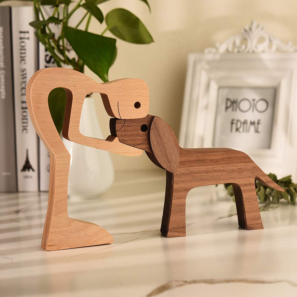 FHDTW Handmade Wooden Dog Unique Gift for Dog Lover, Wooden Man and Dog Carving Statue, Wood Dog Sculpture Home Office Tabletop Figurine Carved Wood FHTDW