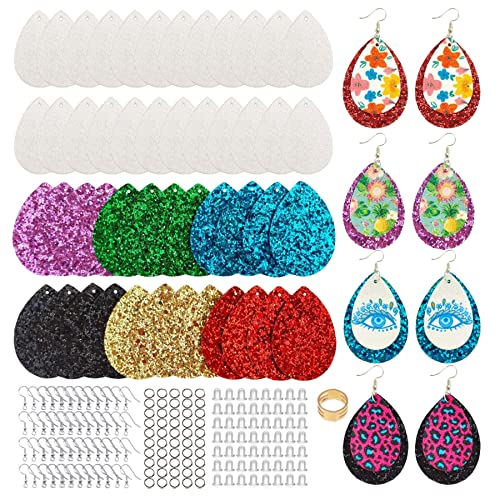 SHUANGART 194 Pcs Sublimation Blank Superfine Glitter Faux Leather Earrings Kit, Chunky Glitter Teardrop Leather Earrings with Sublimation Paper for ROORUZ
