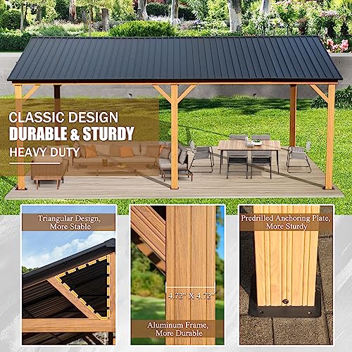 Domi 12x20FT Hardtop Gazebo, Galvanized Steel Gable Roof Gazebo Pergola with Wood Grain Aluminum Frame, Outdoor Permanent Gazebo Pavilion for Patio, domi outdoor living