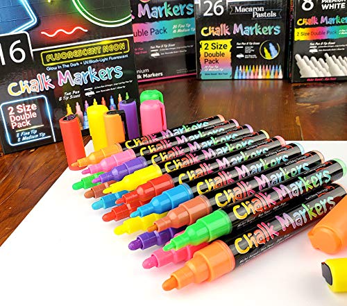 16 UV Fluorescent Neon Chalk Markers - Double Pack of Both Fine & Reversible Medium Tip Liquid Chalk Pens Wet Erasable Menu Boards, Glass, ArtShip Design