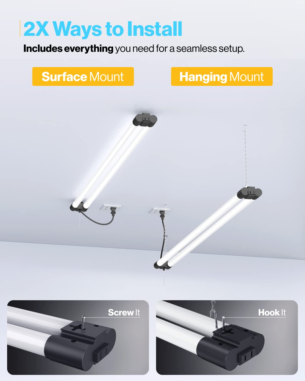 Sunco Lighting 2 Pack LED Workshop Garage Black Shop Light 4FT, Plug in Linkable Utility Light Fixtures, 260W=40W, 5000K Daylight, Frosted Lens, Pull Sunco Lighting