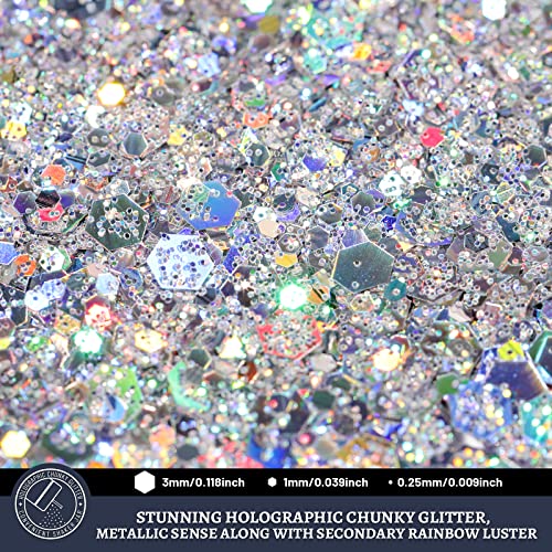LEOBRO Glitter, Holographic Chunky Glitter, 160G/5.64OZ Silver Glitter, Craft Glitter for Resin, Metallic Iridescent Silver Chunky Glitter Sequins LEOBRO