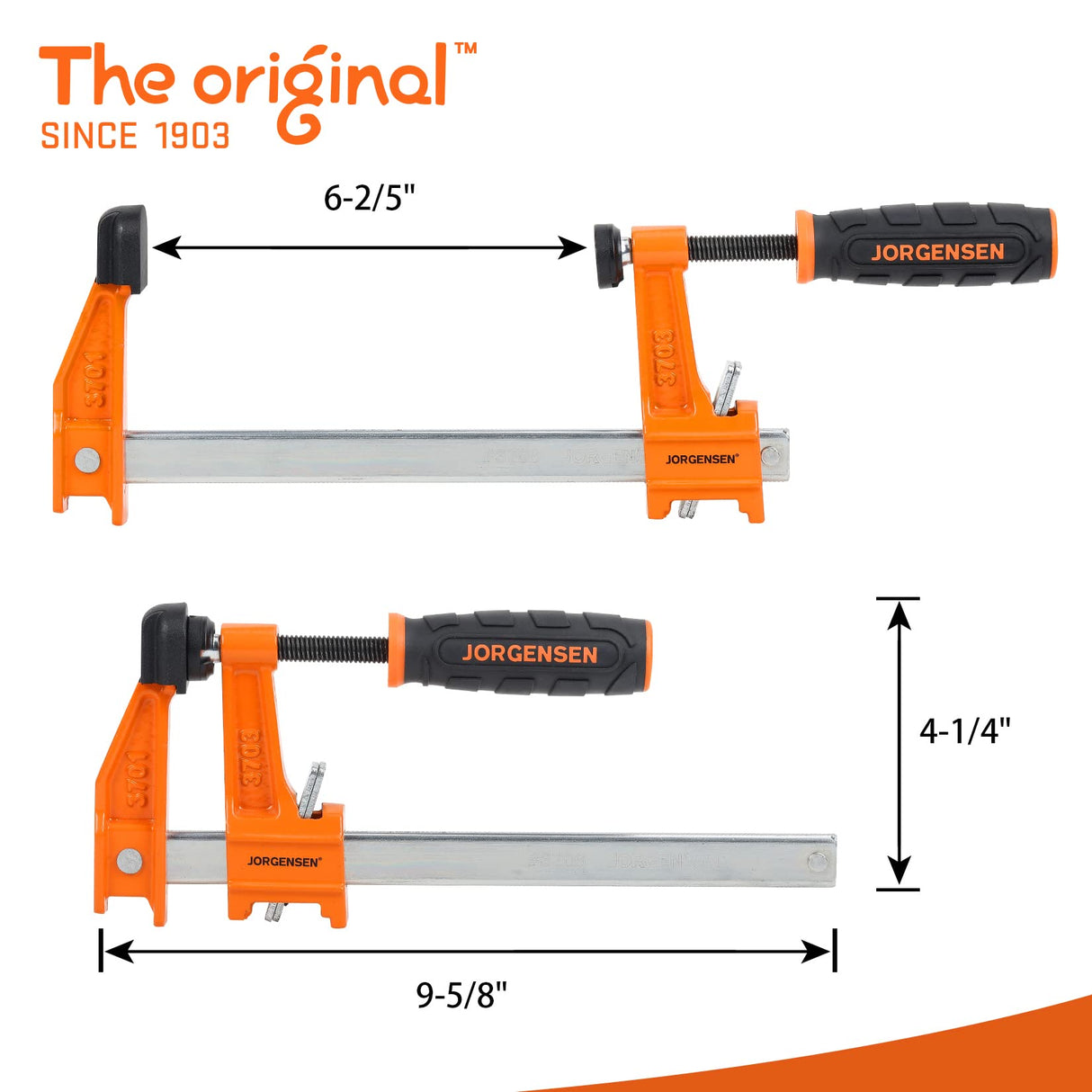 Jorgensen 6” Bar Clamp Set, 2-Pack Steel F Clamp Light Duty, 300 lbs Load Limited, for Woodworking, Metalworking, DIY Jorgensen