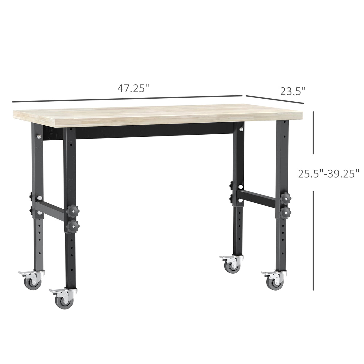 HOMCOM 47" Work Bench with Height Adjustable Legs, Bamboo Tabletop Workstation Tool Table on Wheels for Garage, Weight Capacity 1320 Lbs, HOMCOM