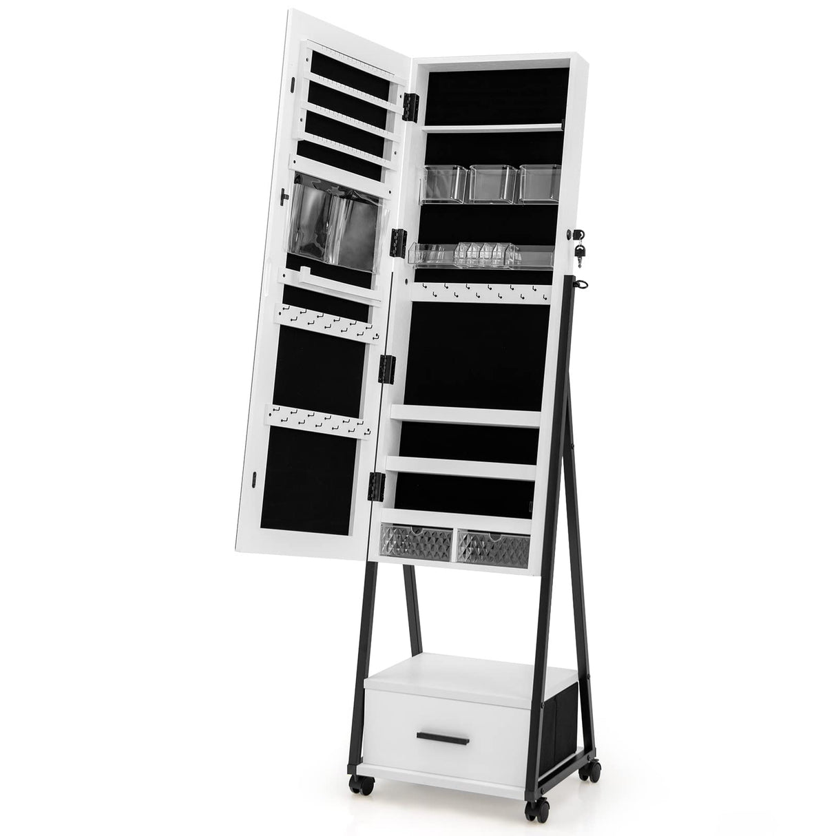 CHARMAID Rolling Jewelry Cabinet with Full Length Mirror, Lockable Standing Jewelry Armoire with Wheels, Steel Legs, Lipstick Brush Storage, Jewelry CHARMAID