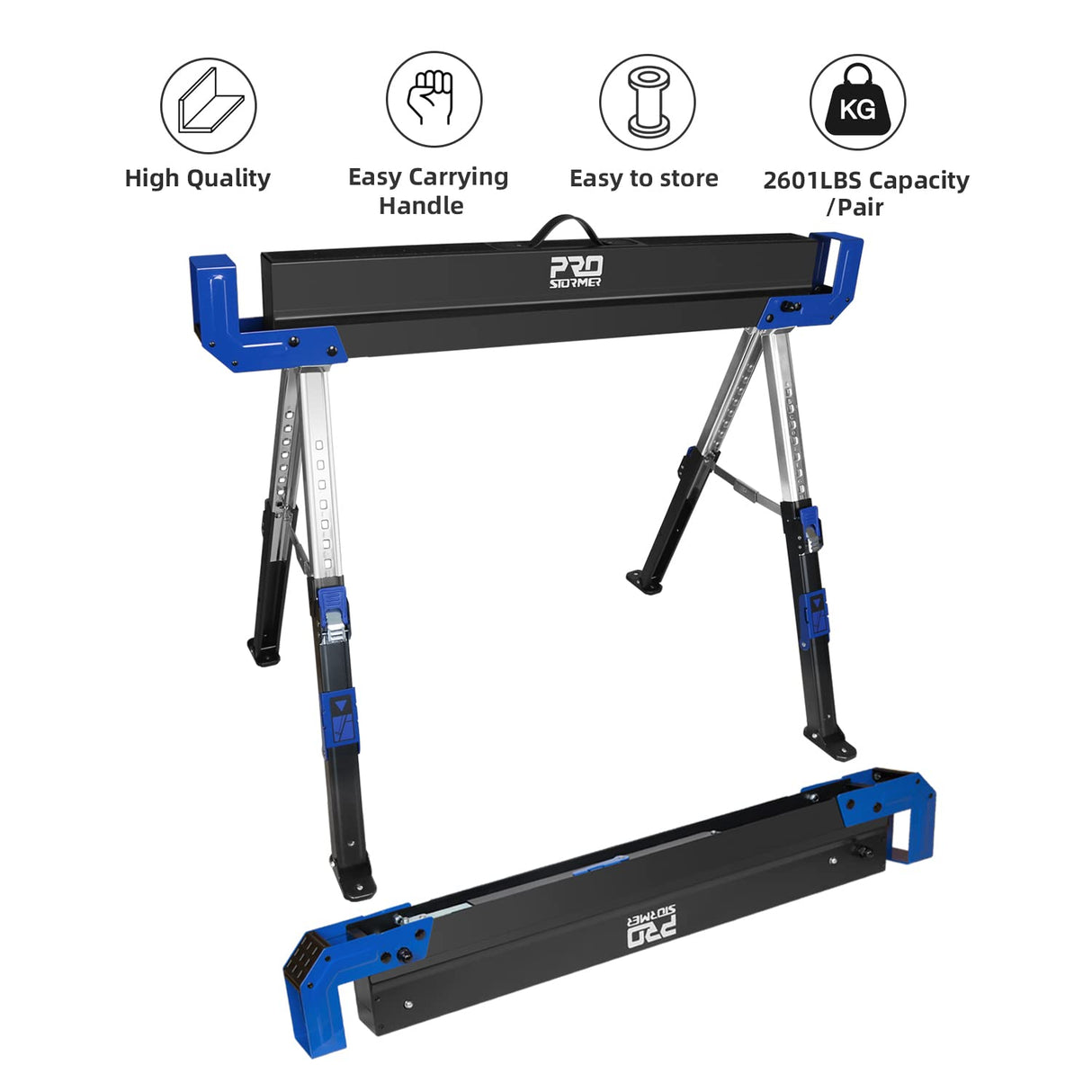 Prostormer Saw Horses 2 Pack Folding, Portable Heavy Duty Sawhorse with 2601 lbs Weight Capacity Per Pair, Adjustable Legs, Easy Carry Handle - Ideal Prostormer