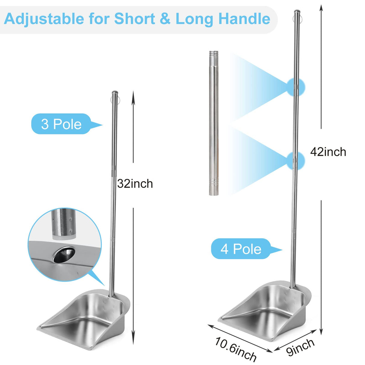 Heavy Duty Dustpan with Long Handle, VOOWO 43" Stainless Steel Dust Pan Standing Upright Dustpan, Indoor Outdoor Dust Pan with Handle for Kitchen and VOOWO