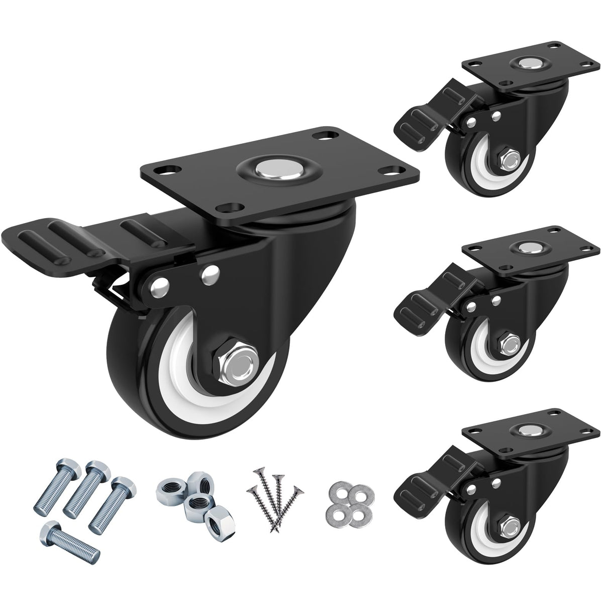 2 Inch Wheel Casters,Set of 4 Heavy Duty,Black Industrial Casters with Brake, Locking Casters for Furniture and Workbench for Cart,Top Plate Swivel JIN FU TOU
