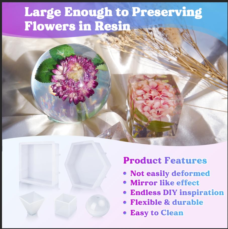 LET'S RESIN Large Resin Molds,Resin Flower Preservation Molds with Hexagon Square Large Epoxy Molds,Cube Sphere Pyramid Regular Silicone Molds for LET'S RESIN