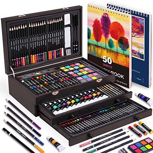 175 Piece Deluxe Art Set with 2 Drawing Pads, Acrylic Paints,Crayons,Colored Pencils,Paint Set in Wooden Case,Professional Art Kit,Art Supplies for Color More