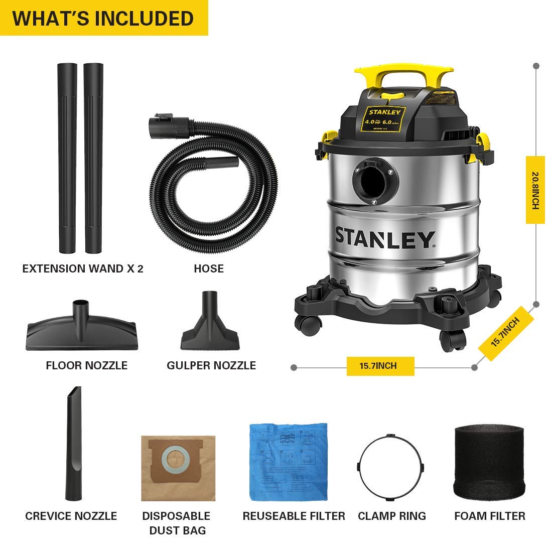Stanley SL18116 Wet/Dry Vacuum, 6 Gallon, 4 Horsepower, Stainless Steel Tank, 4.0 HP, Silver+yellow Stanley