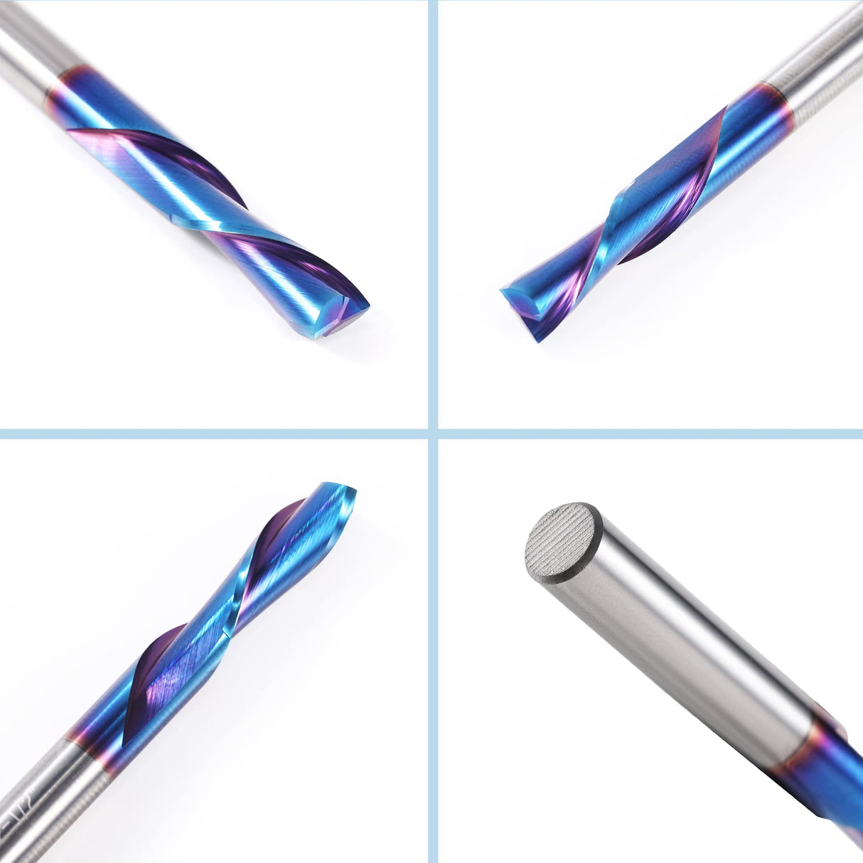 HQMaster 5 Pcs Spiral CNC Router Bits Set Down Cut 1/4” Shank Solid Carbide Spiral Downcut CNC Bits with Nano Blue Coating End Mill for Wood Cut HQMaster