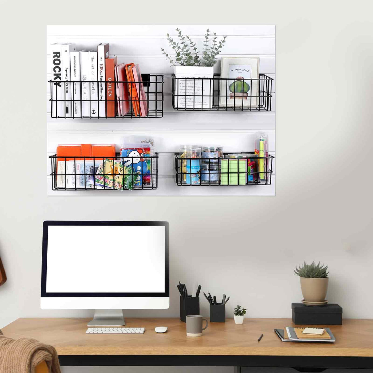 Hicarer 4 Pcs Slatwall Baskets, Large Size Metal Mounted Ventilated Slatwall Baskets Slatwall Panel Hanging Wire Basket Slatwall Accessories for Hicarer