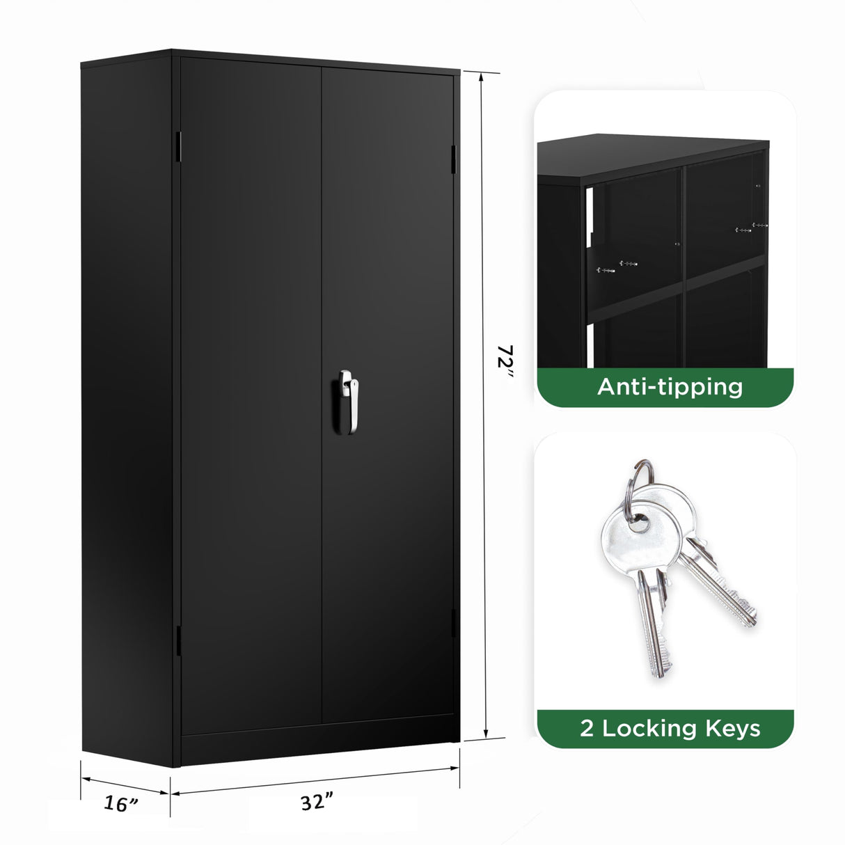 Greenvelly Metal Cabinet, 72” Black Tool Steel Locking Cabinet with Doors and 4 Shelves, Tall Cabinets for Garage Storage Systems Lockable File Greenvelly