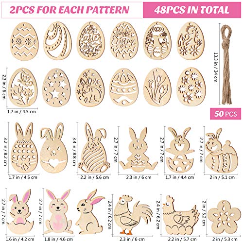 TOYANDONA 48 Pcs Easter Wooden Ornaments, Unfinished Wood Easter Cutouts Hanging Embellishments Easter Wooden Crafts for Kids Easter Party Supplies TOYANDONA