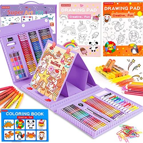 Soucolor Art Supplies, 283 Pieces Drawing Set Art Kits with Trifold Easel, 2 Drawing Pads, 1 Coloring Book, Crayons, Pastels, Arts and Crafts Gifts Soucolor