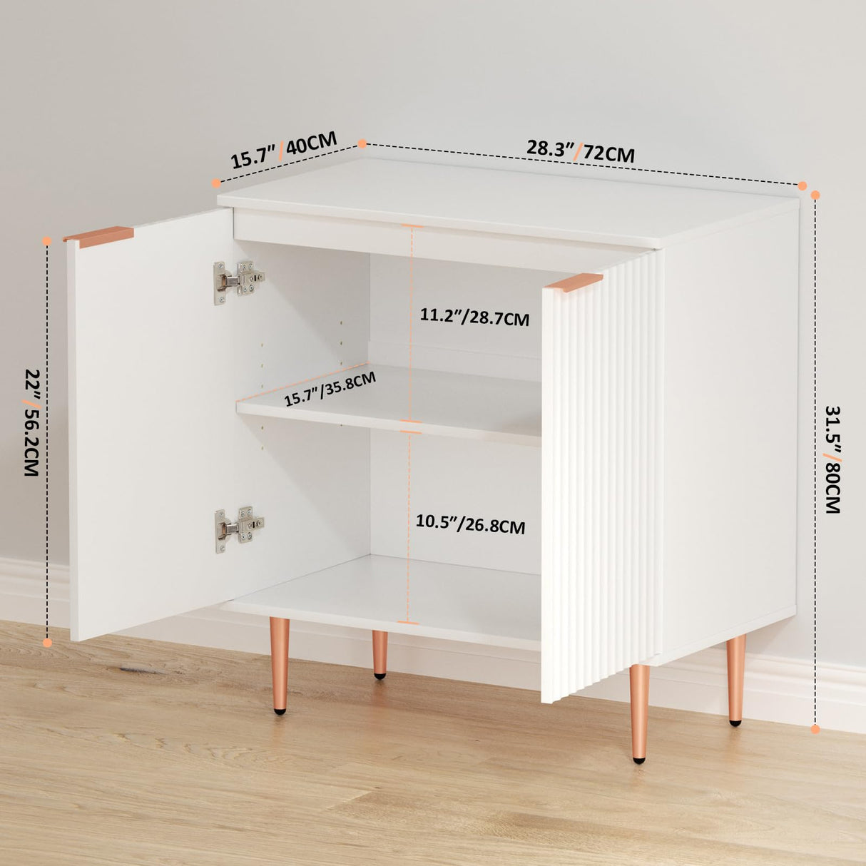 EOYUTLLY White Storage Cabinet,Wood Sideboard Buffet Cabinet with Fluted Textured & Rose Gold Colored Metal Legs, Accent Cabinet for Living EOYUTLLY