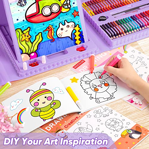 Soucolor Art Supplies, 283 Pieces Drawing Set Art Kits with Trifold Easel, 2 Drawing Pads, 1 Coloring Book, Crayons, Pastels, Arts and Crafts Gifts Soucolor