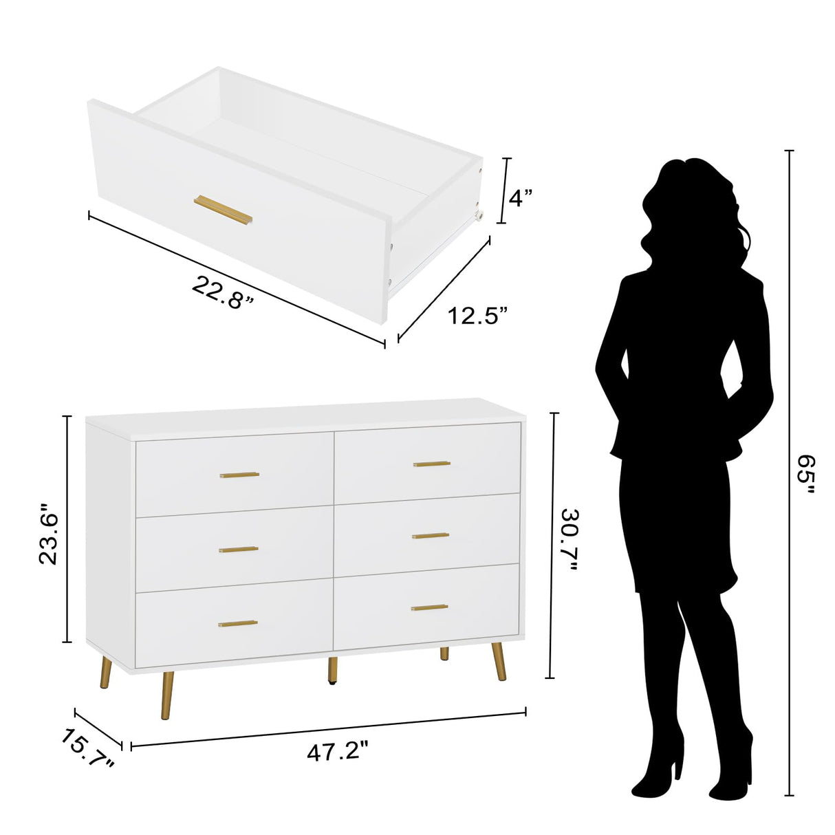 Polar Aurora Wood Dresser for Bedroom,Wood Mid Century Modern Chests of Drawer,6 Drawer Double Dresser with Metal Handles for Bedroom, Hallway, Polar Aurora