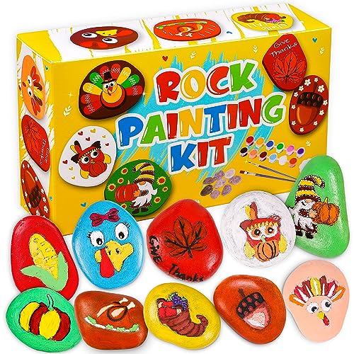 Fall/Thanksgiving Rock Painting Kit - Arts and Crafts for Kids Ages 8-12 -  Includes DIY Stones, Water Paint, Tattoos, Party Favors/Birthday