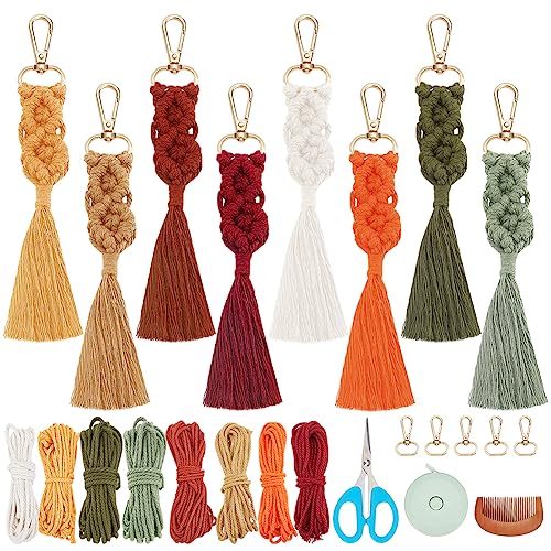 WEBEEDY 8 Sets Macrame Keychain Kit DIY Macrame Autumn Colors Keychain for Boho Bag Charm Macrame Kit for Adults Beginners WEBEEDY